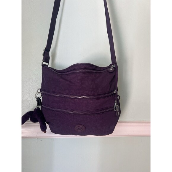 Kipling Keiko Dark Plum Tonal  Nylon Crossbody Bag + Monkey Key Chain Purple - Picture 8 of 10